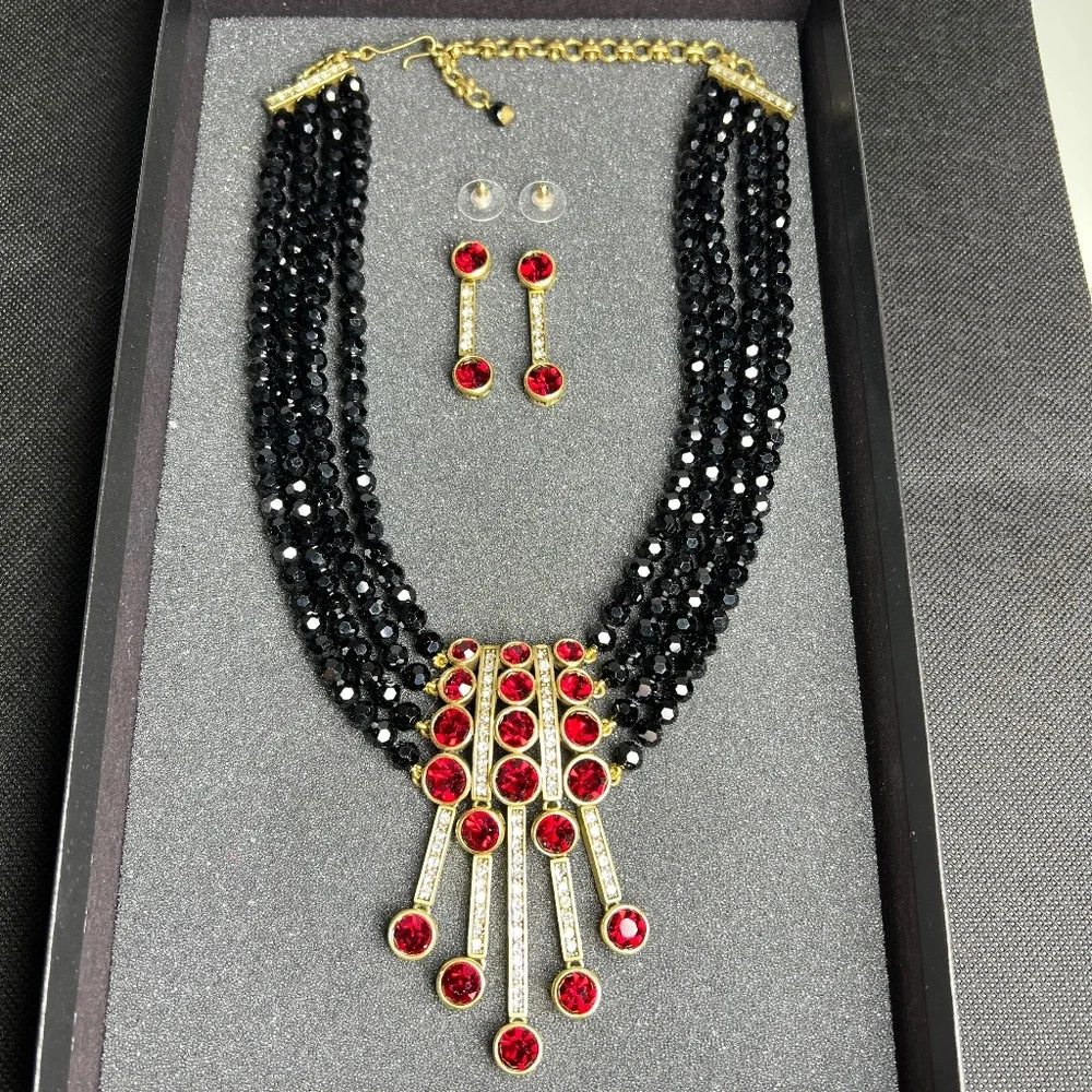 HEIDI DAUS "AN AFFAIR TO REMEMBER" 4 STRAND NECKLACE & EARRINGS SET Black & Red - Picture 1 of 14